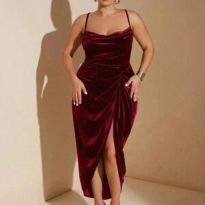Burgundy Party Women's Plus Size Slit Maxi Velvet Spaghetti Strap Dress